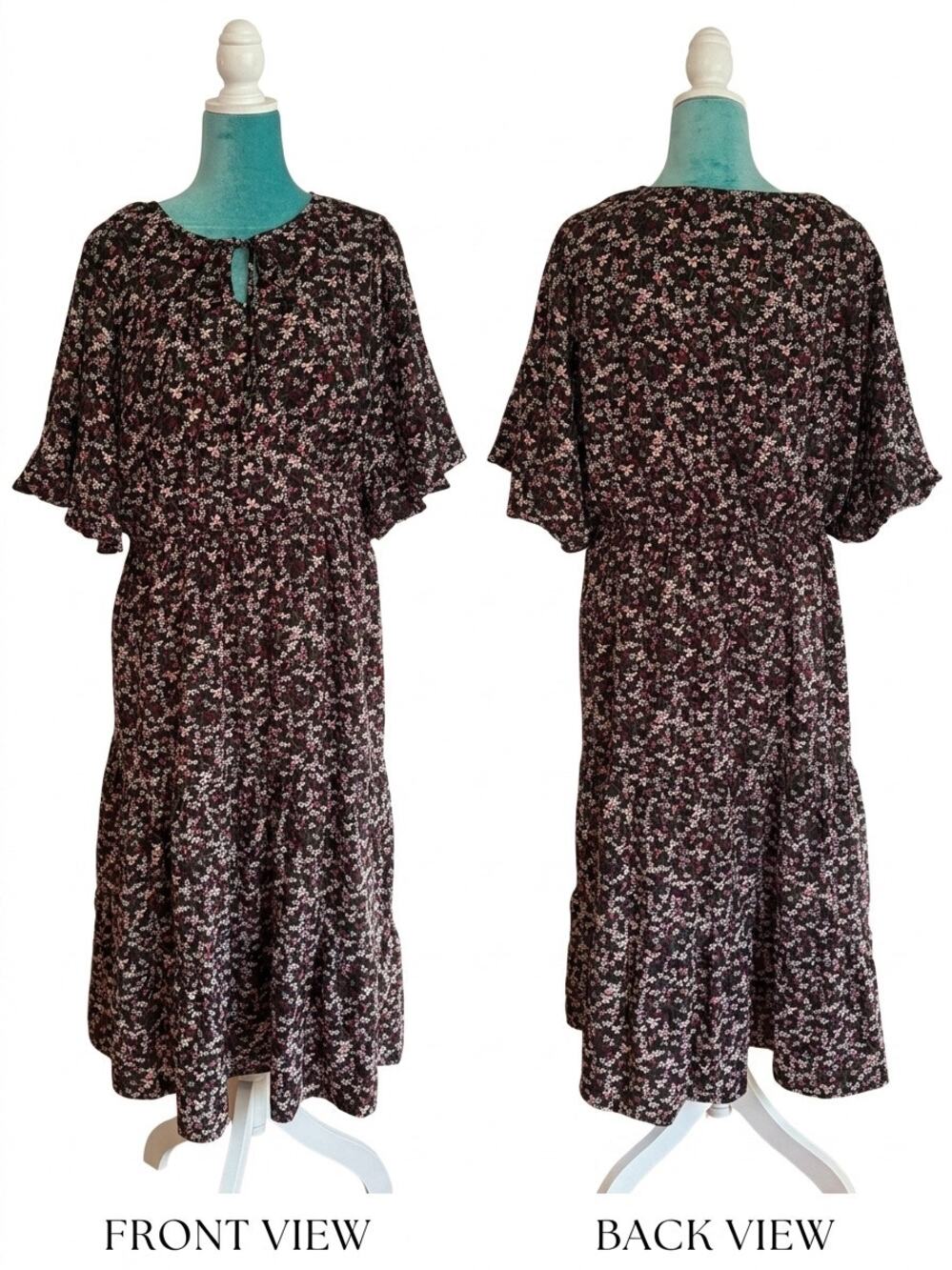 Draper James Ditsy Floral Tiered Midi Dress Cottagecore Flutter Sleeve Black L